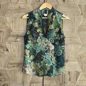 Wrapper Floral Green Patchwork Blouse Boho Sleeveless Button-Down Top Large Y2K